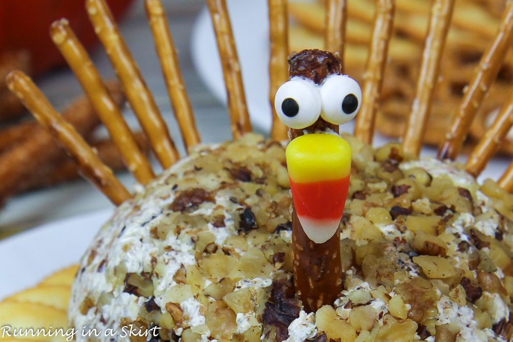 Turkey Cheese Ball for Thanksgiving close up.