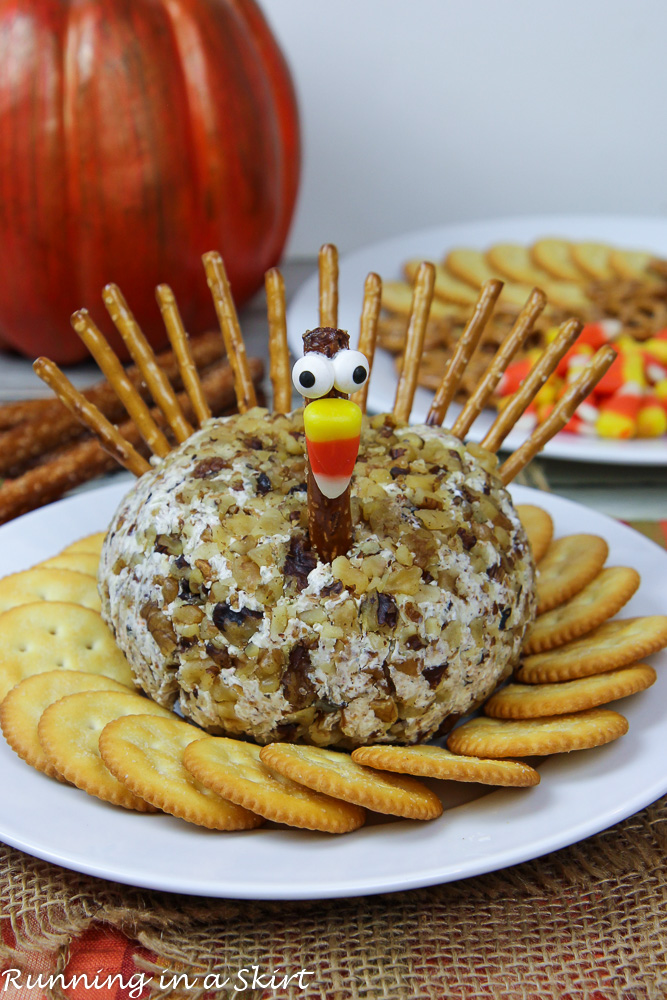 Close up of decorations showing how to turn the cheese ball into a turkey.