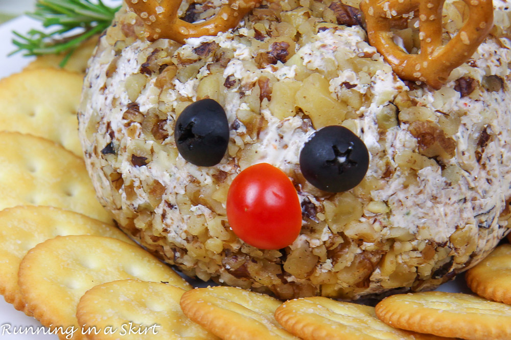 Christmas Cheese Ball close up of face.