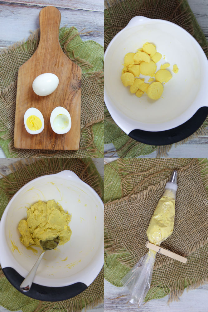 Process photo collage showing step by step how to assemble the deviled eggs.