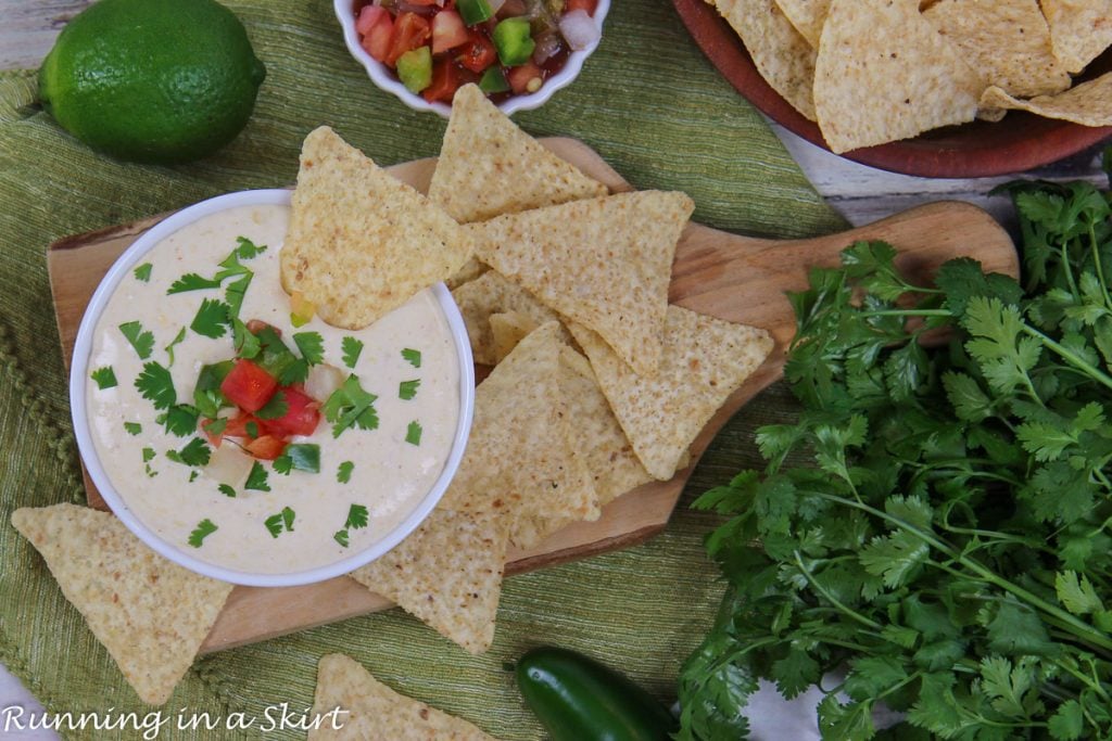 Cottage Cheese Queso Dip overhead shot.