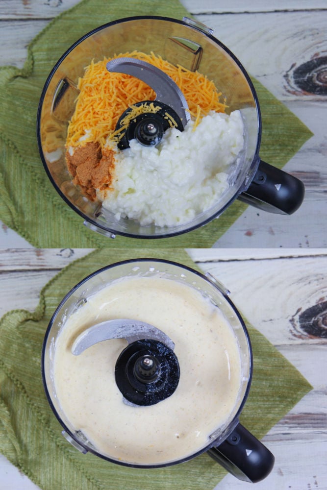 Process photos collage showing how to blend the Cottage Cheese Queso Dip.
