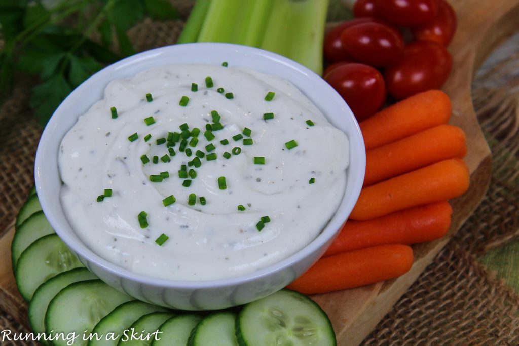 Cottage Cheese Ranch Dip on a serving tray with veggies.