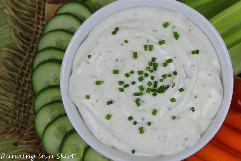 Cottage Cheese Ranch Dip overhead on a plate.