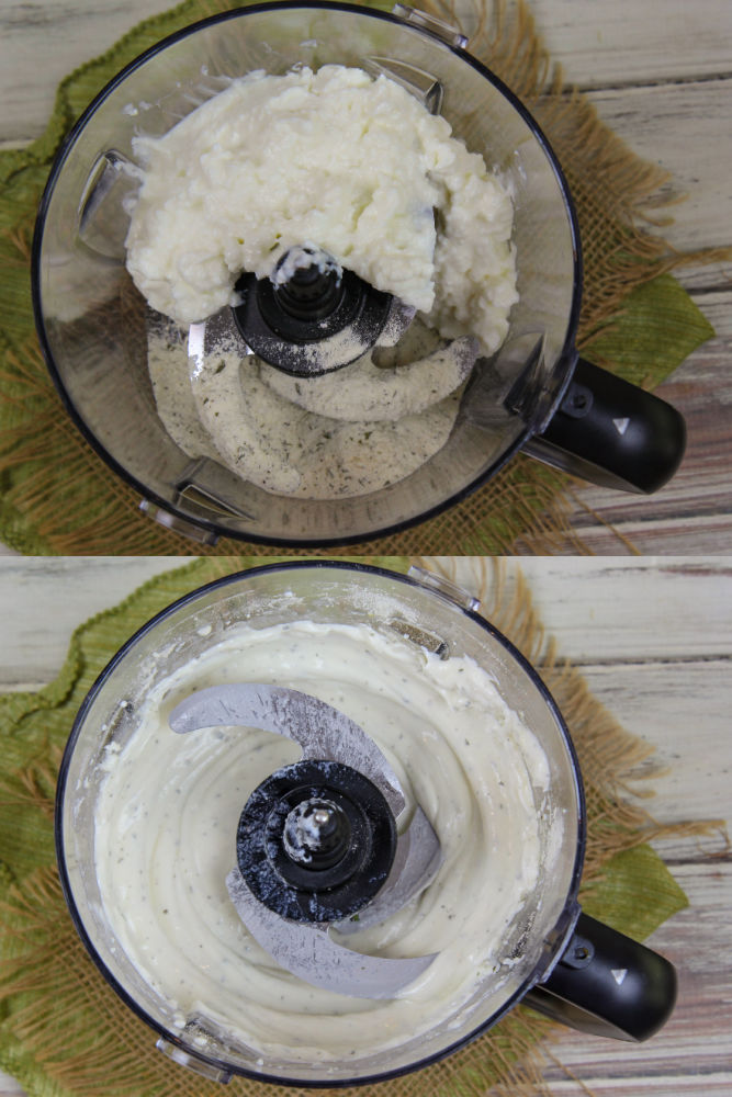 Process photo collage showing how to blend the cottage cheese into a dip.