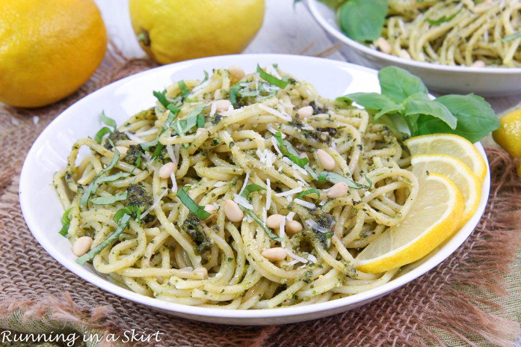 Lemon Pesto Pasta in a white bowl.