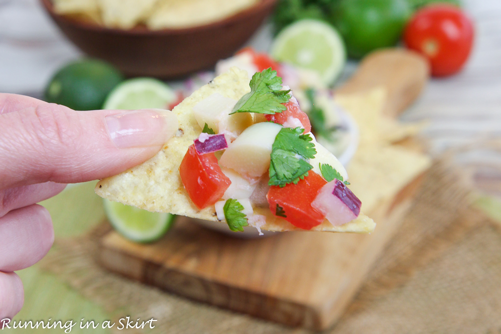 Vegan Ceviche recipe on a tortilla chip.