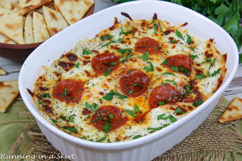 Cottage Cheese Pizza Bowl overhead shot with crackers.