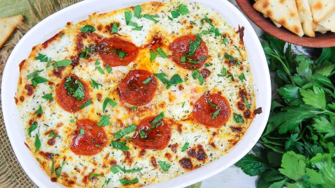 Cottage Cheese Pizza Bowl overhead shot.