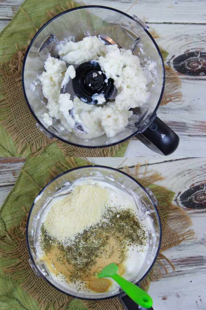 Process photos collage showing how to prepare the cottage cheese for the pizza bowls.