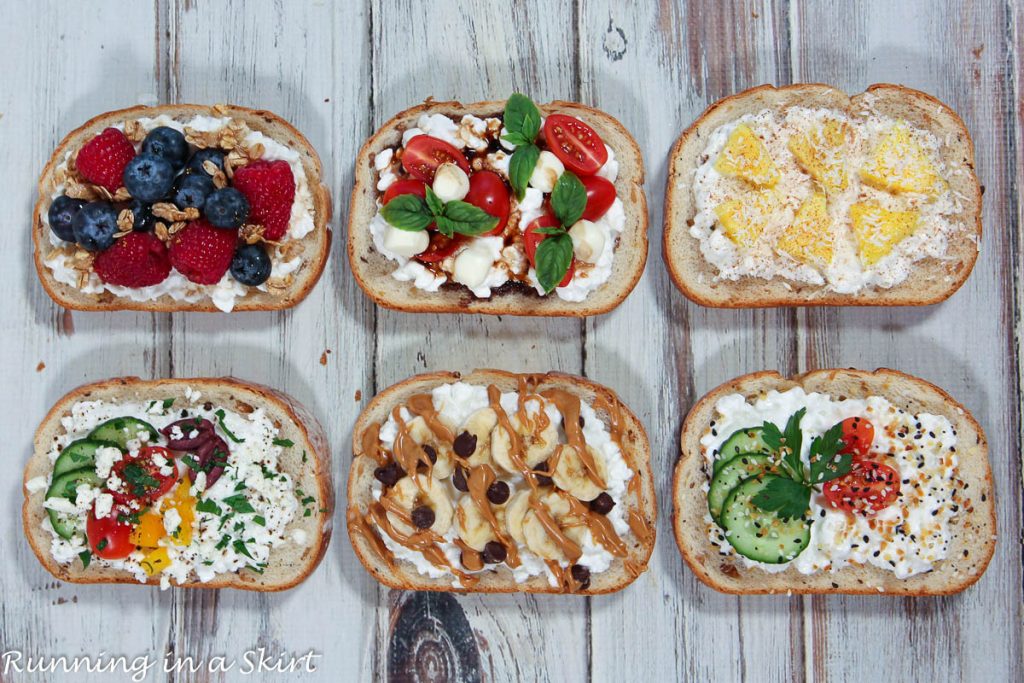 6 Cottage Cheese Toast Ideas on a table.