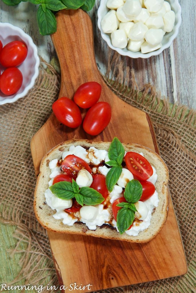 Caprese Cottage Cheese Toast on a board.