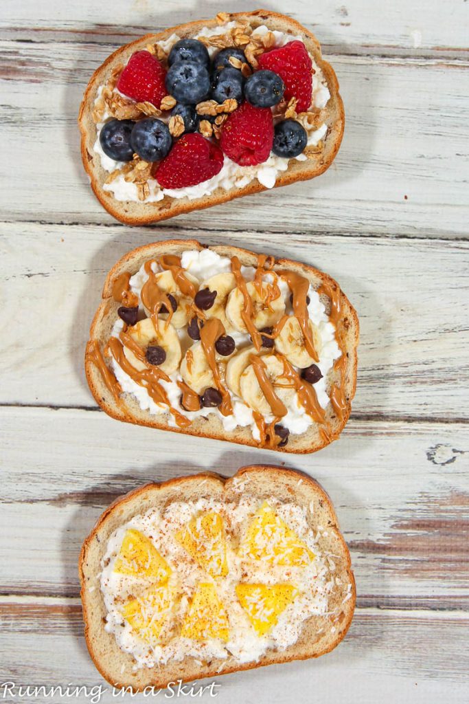 3 Sweet Cottage Cheese toasts on a table.