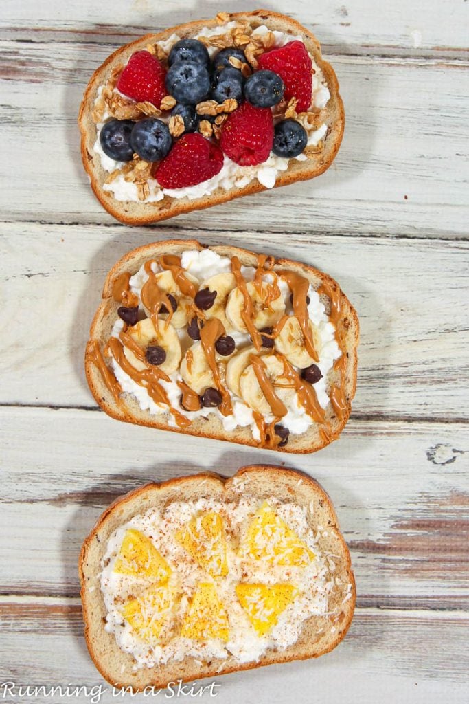 3 Sweet Cottage Cheese toasts on a table.