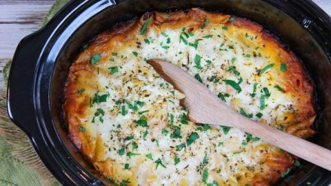 Crock Pot Baked Ziti with a spoon.