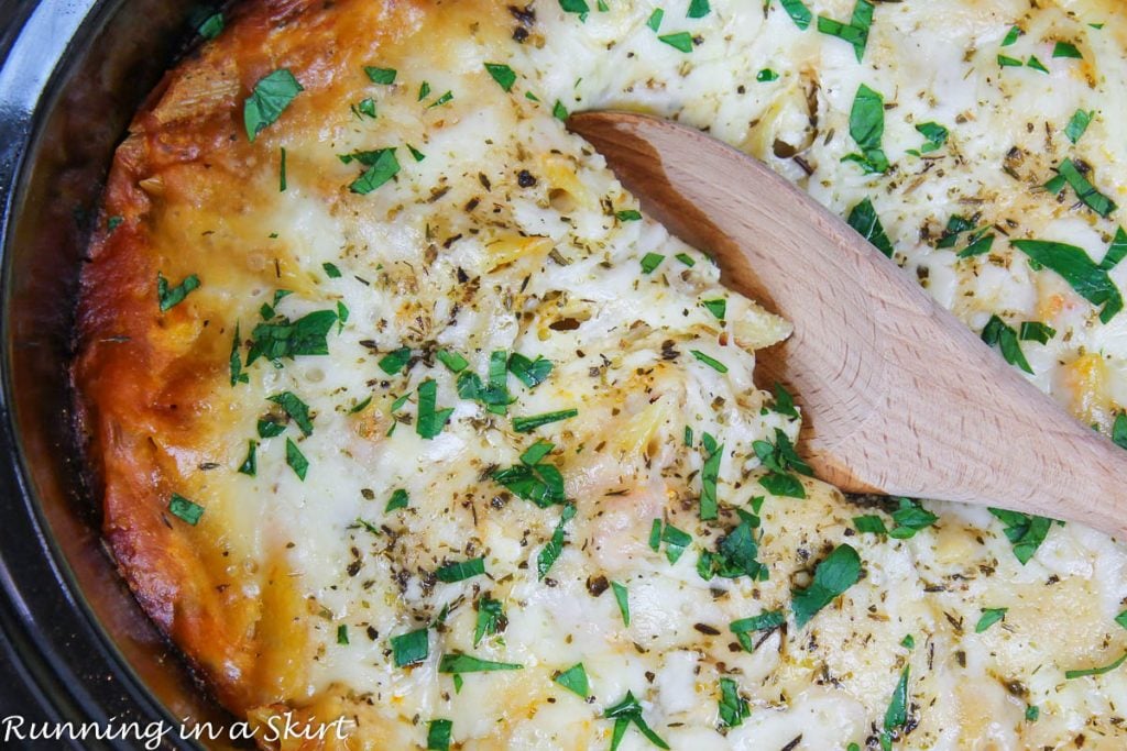 Crock Pot Baked Ziti with a spoon.