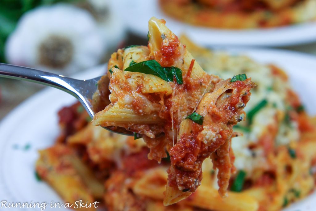 Crock Pot Baked Ziti on a fork.