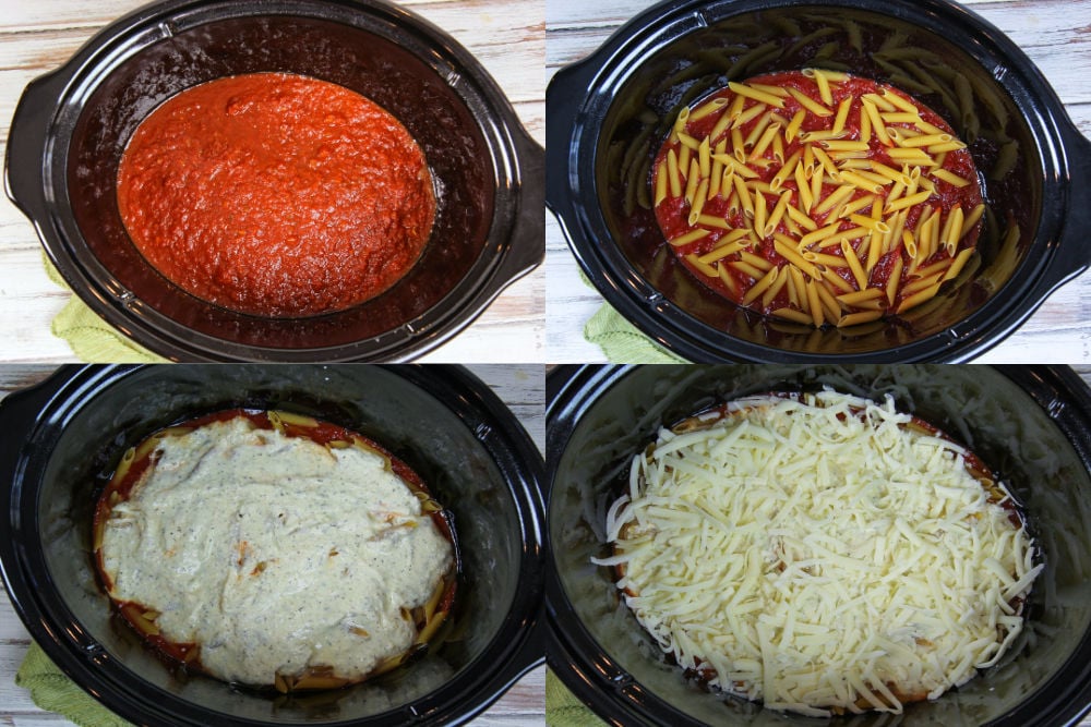 Crock Pot Baked Ziti process photos collage showing how to assemble the layers.