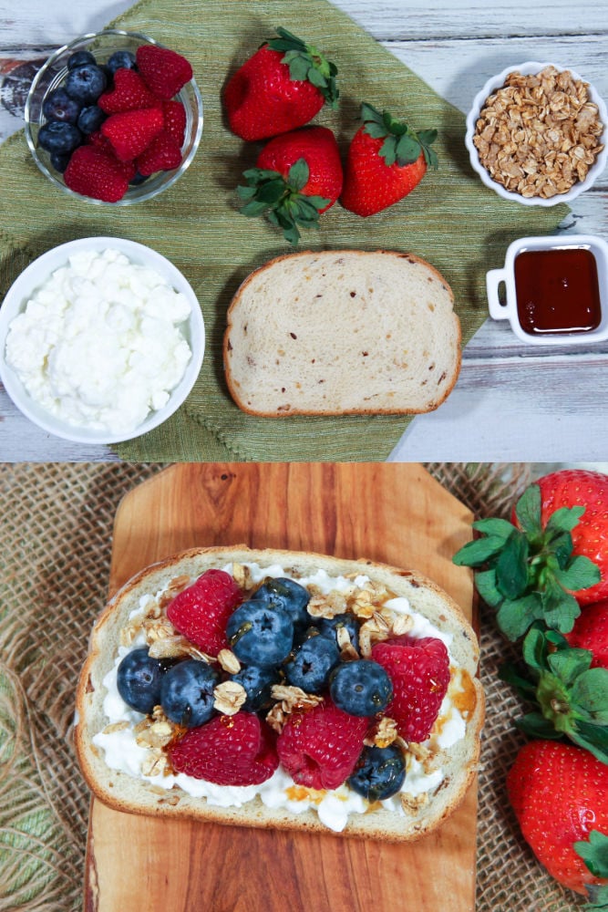 Berry Bliss Cottage Cheese Toast ingredients and final product collage.