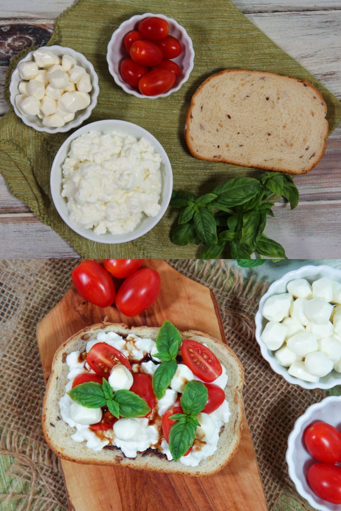 Caprese Cottage Cheese Toast ingredients and final product collage.