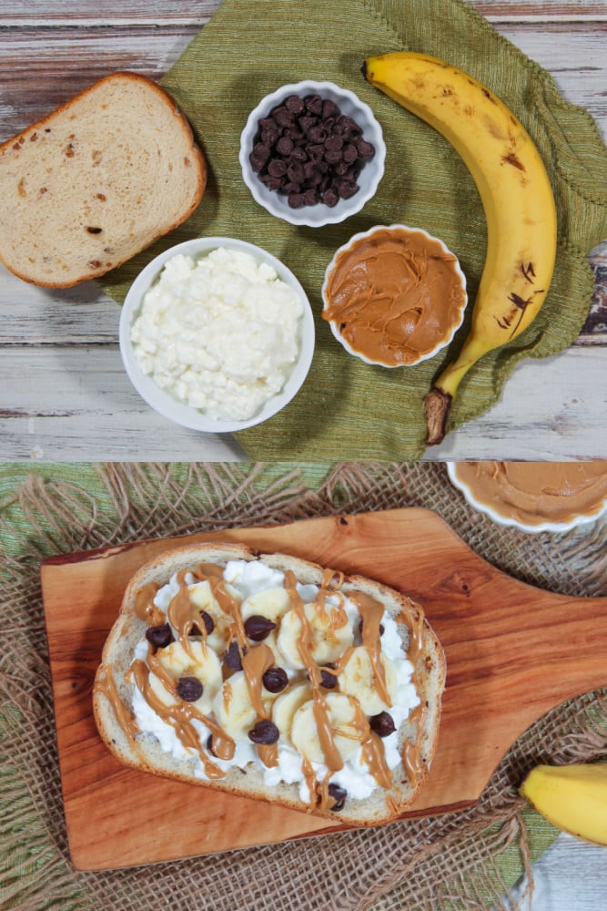 Chunky Monkey Cottage Cheese Toast ingredients and final product collage.