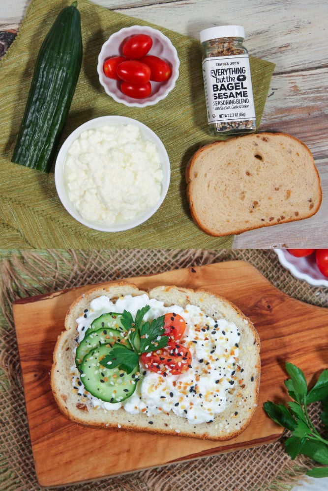 Everything Bagel Cottage Cheese Toast ingredients and final product collage.