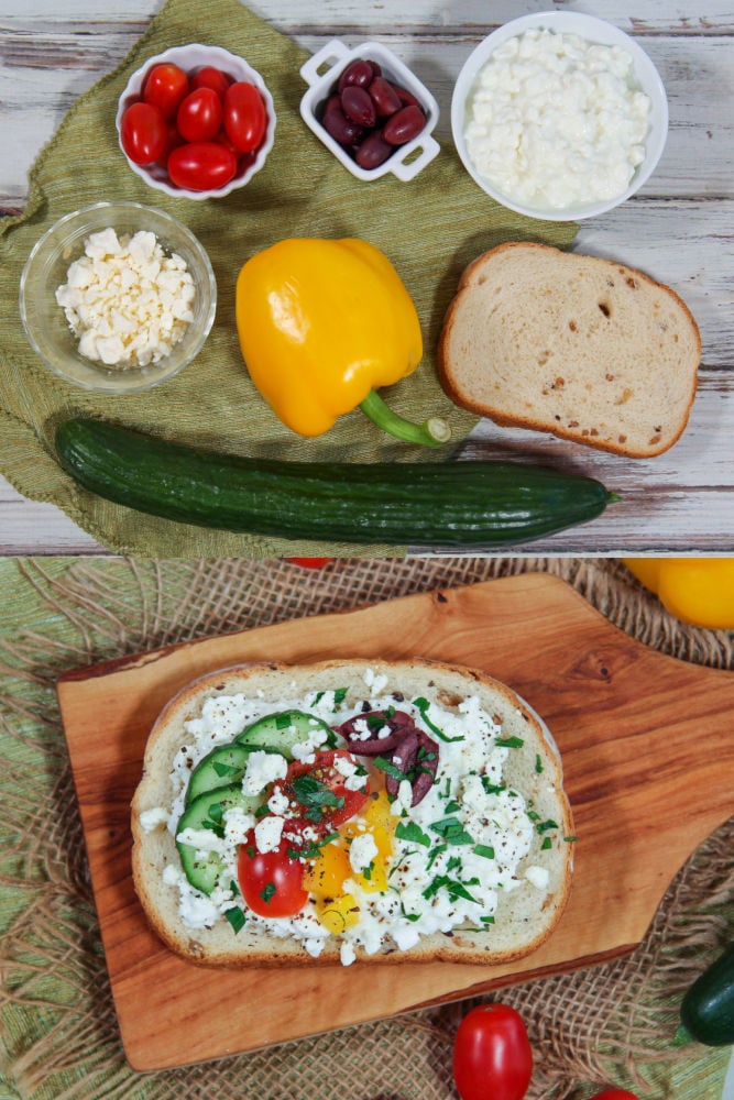 Greek Cottage Cheese Toast ingredients and final product collage.