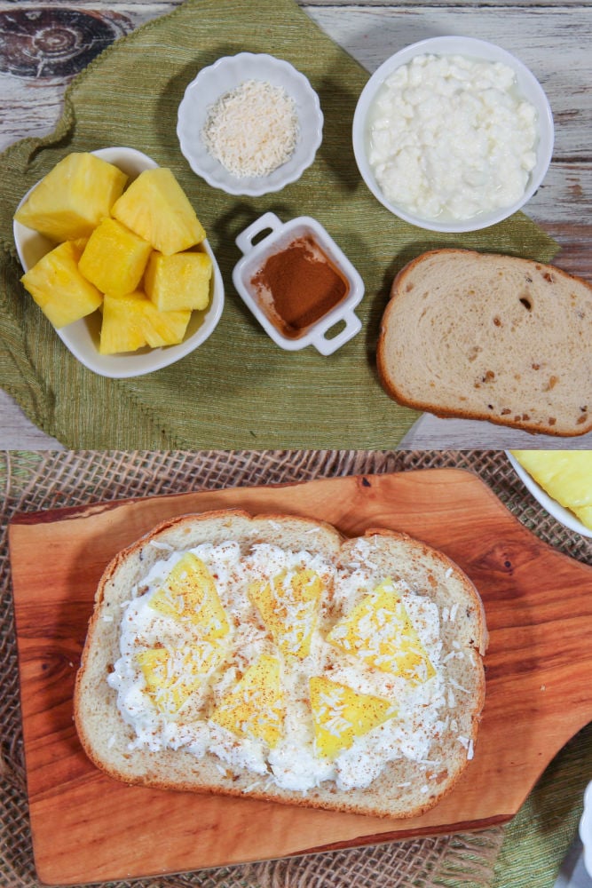 Tropical Cottage Cheese Toast ingredients and final product collage.