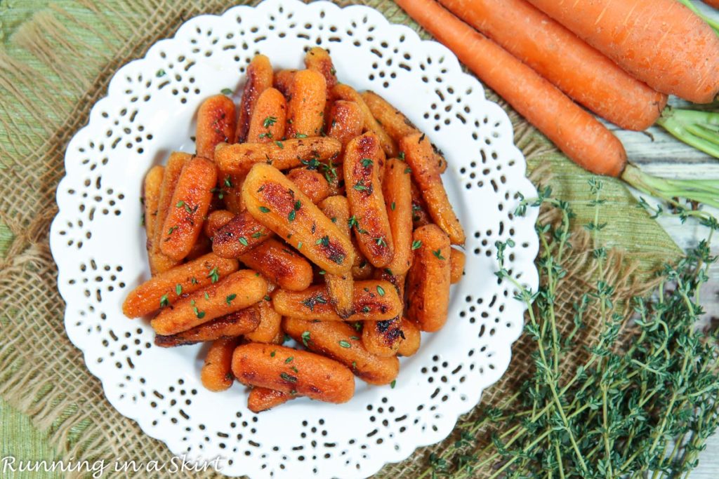 Maple Glazed Carrots on a white plate.