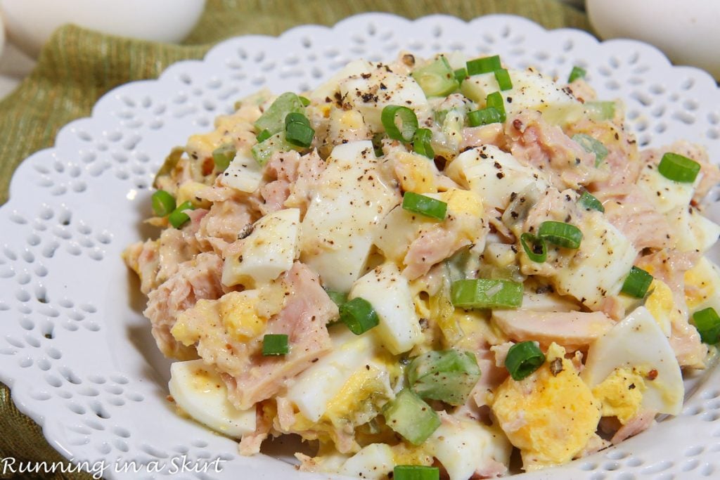 Tuna Salad with Eggs on a white plate.