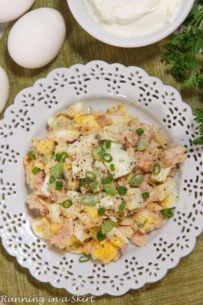 Tuna Salad with Eggs on a white plate.