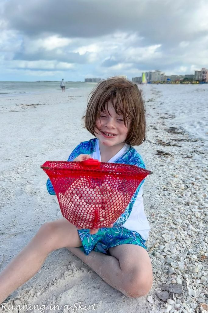 Boy holding net with shells on Marco Island beach.
