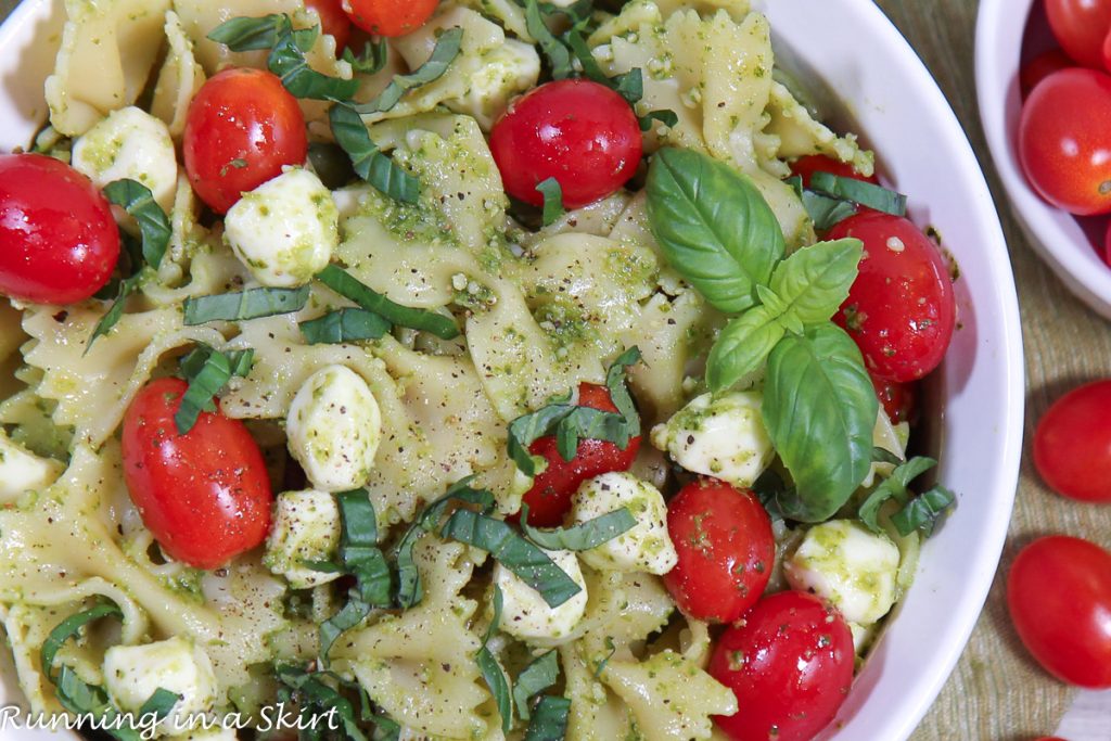 Caprese Pasta Salad overhead shot.