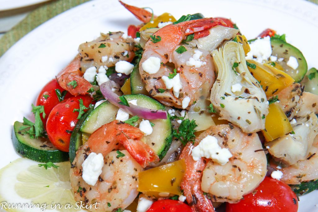 Mediterranean Shrimp sheet pan meal on a plate.