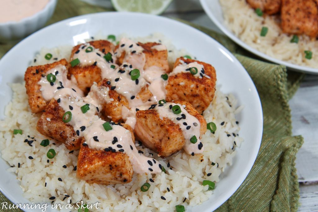 Bang Bang Salmon Bites with sauce.