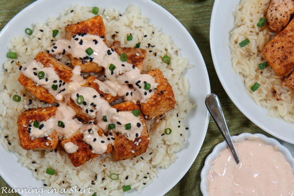 Bang Bang Salmon Bites on a plate.
