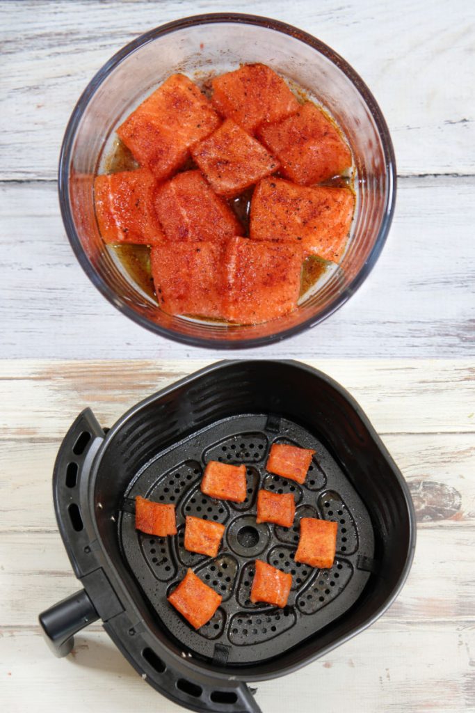 Process collage showing how to prep the salmon and put it in the air fryer.