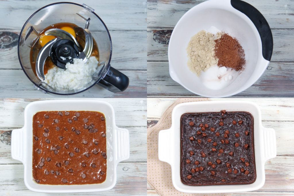 Process photo collage showing how to make the Cottage Cheese Brownies.