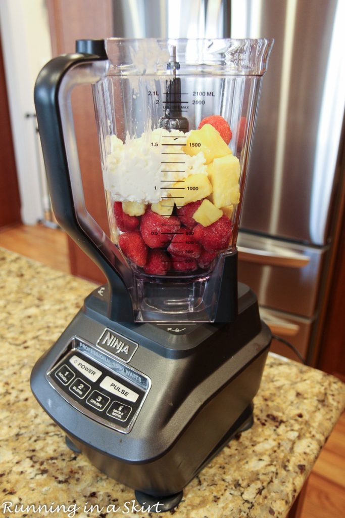 Blender showing how to make the Cottage Cheese Smoothie.