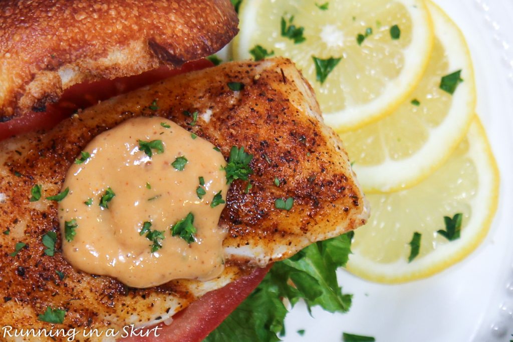 Close up of Blackened Grouper Sandwich.