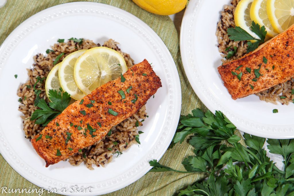 Frozen Salmon in Air Fryer overhead shot.