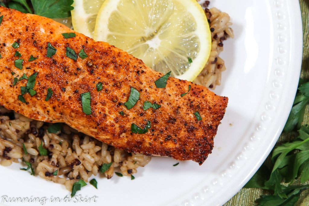 Frozen Salmon in Air Fryer overhead shot.