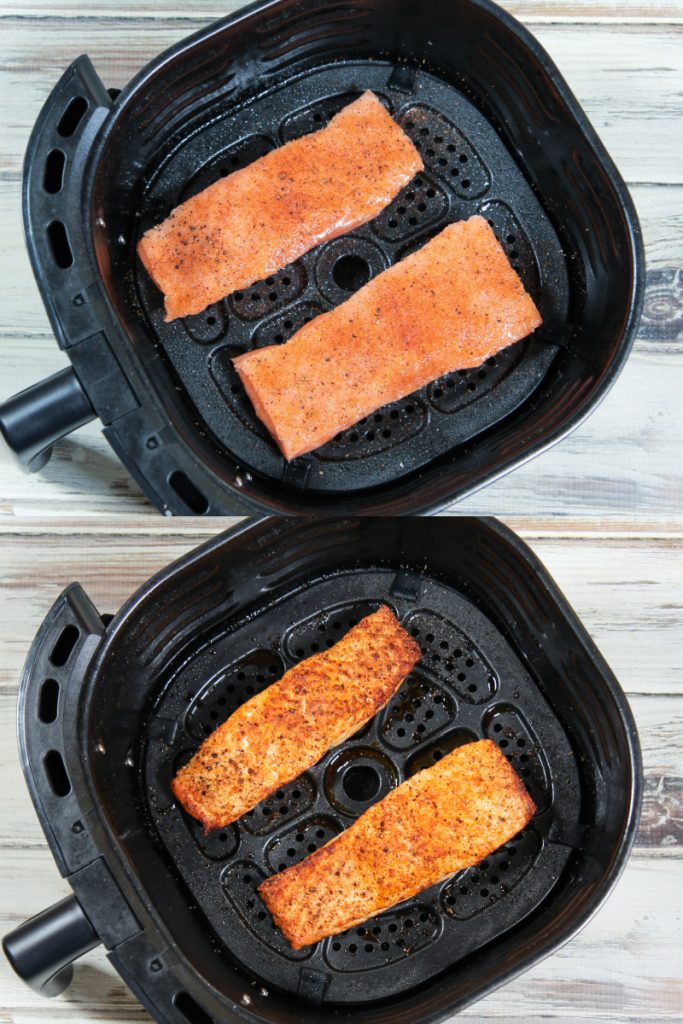 Process photo collage showing how to make the salmon in the air fryer.