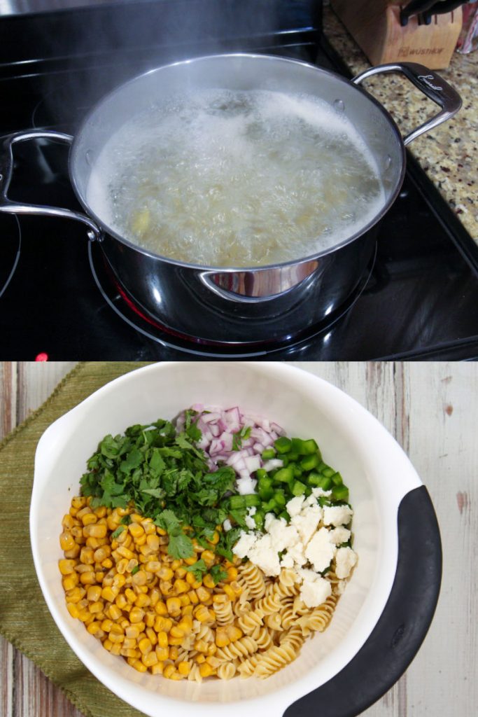 Mexican Street Corn Pasta Salad process photos collage.