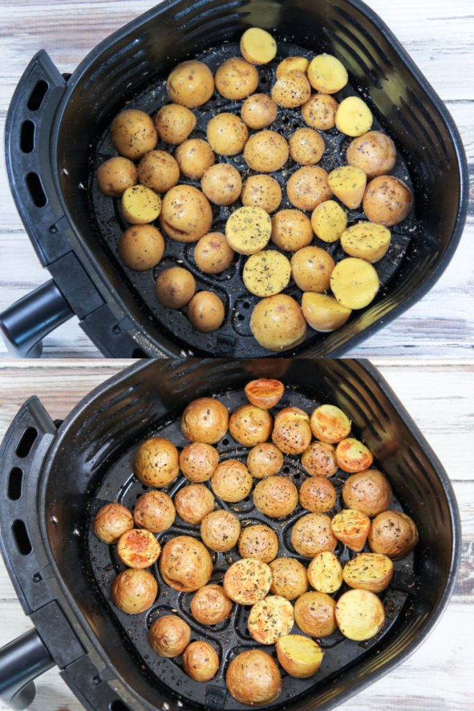 Process photos collage showing before and after cooking the potatoes.