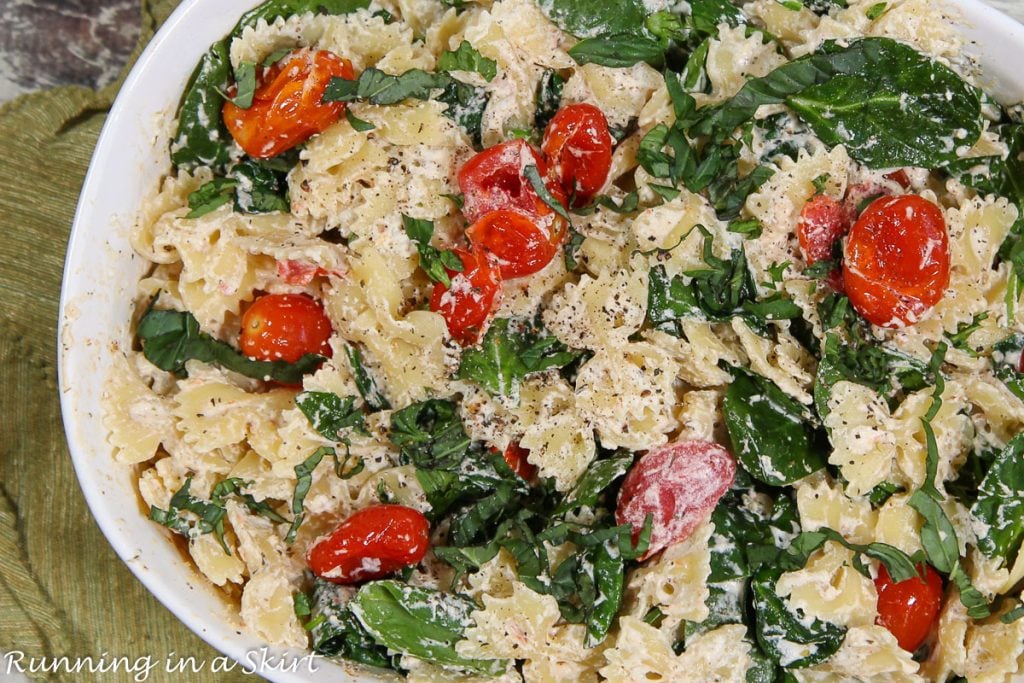 Baked Goat Cheese Pasta in a baking dish.