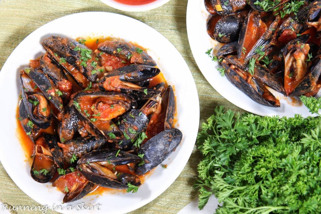Mussels in Red Sauce on a plate
