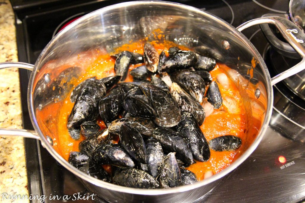 Step two of cooking the mussels.