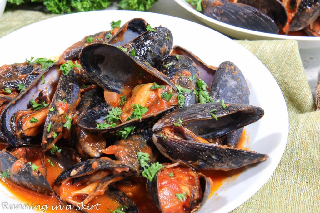 Mussels in Red Sauce on a plate.