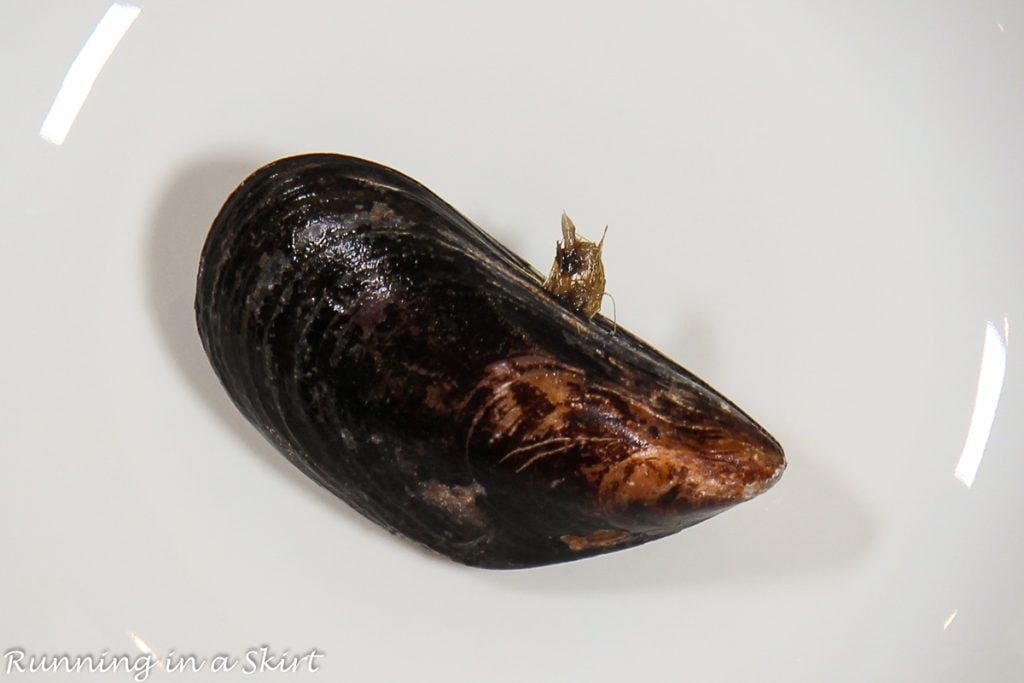 Photo showing how to remove the beard on the mussels.